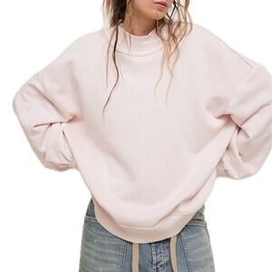 WE THE FREE Pink Mock Neck Ribbed Long Sleeve Oversized Sweatshirt Women S